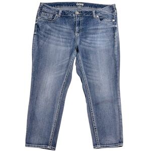 Warehouse One Blue White Stitch Cropped 5 Pocket Button Zip Close Jeans 16 +